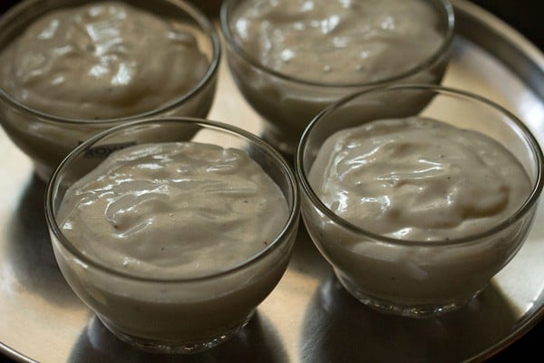 eggless banana mousse poured in individual serving bowls. 