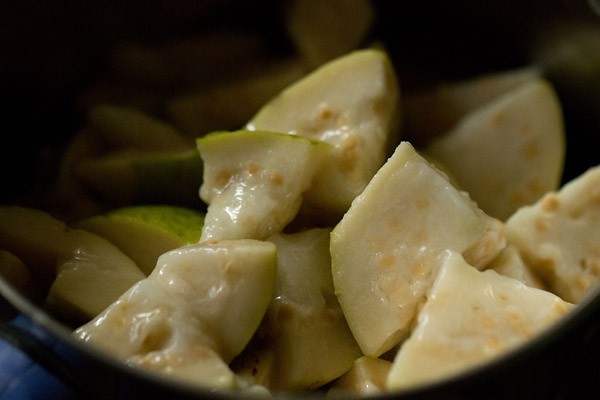 chopped guavas in a blender jar. 