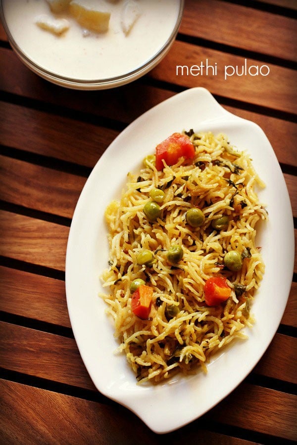 methi pulao served on a white plate.