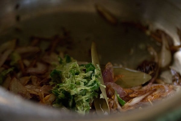 ginger+garlic+green chili paste added to pressure cooker