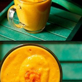 collage of two photos of bright orange colored fruit and oatmeal smoothie in a glass mug on a green table.