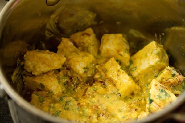 marinated paneer added to the pan