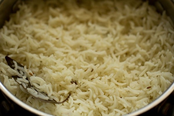 a layer of rice made in the pan