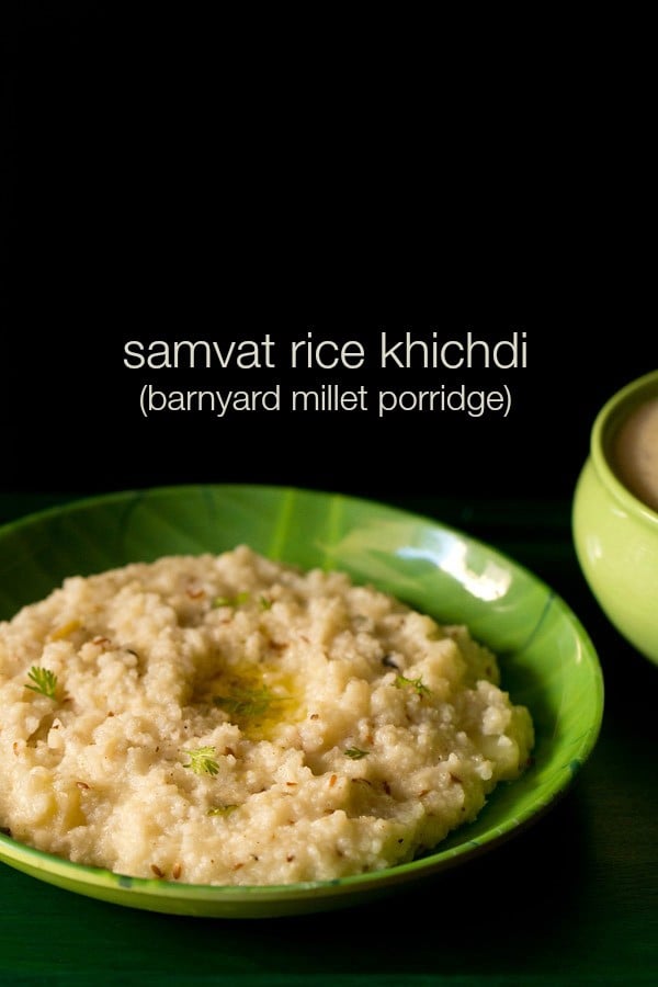 sama chawal khichdi served on a green plate with text layover.
