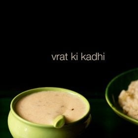 vrat ki kadhi served in a green bowl with text layover.