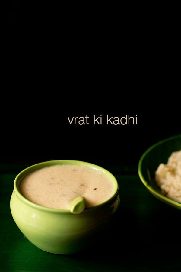 vrat ki kadhi served in a green bowl with text layover.