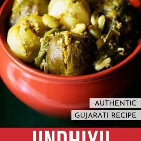 undhiyu served in a handi with text layovers.