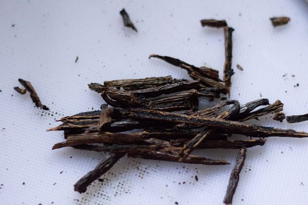 slit and chopped vanilla beans for making vanilla extract.