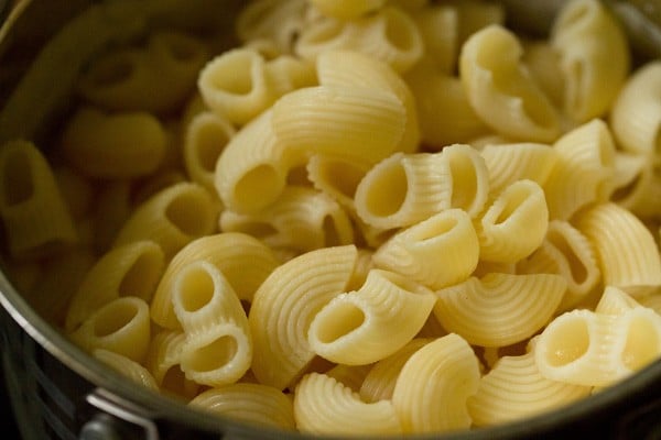 cooked, drained elbow pasta added to the cheese sauce. 