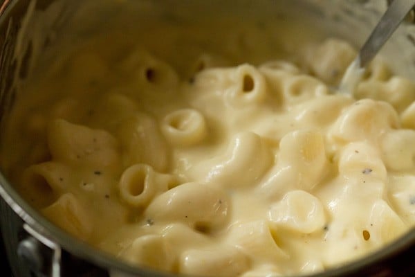 mixing the pasta until it is thoroughly coated in the mac and cheese sauce. 