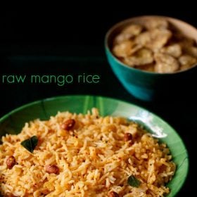 mango rice served in a green plate.