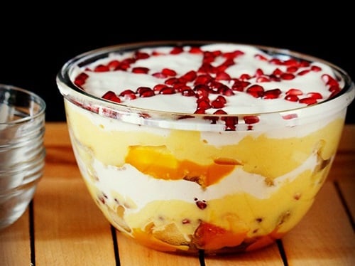 trifle pudding in a glass bowl.