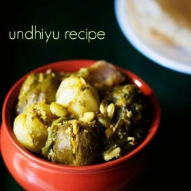 undhiyu served in a handi with text layover.