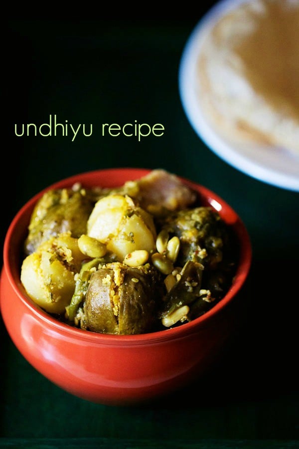 undhiyu served in a handi with text layover.