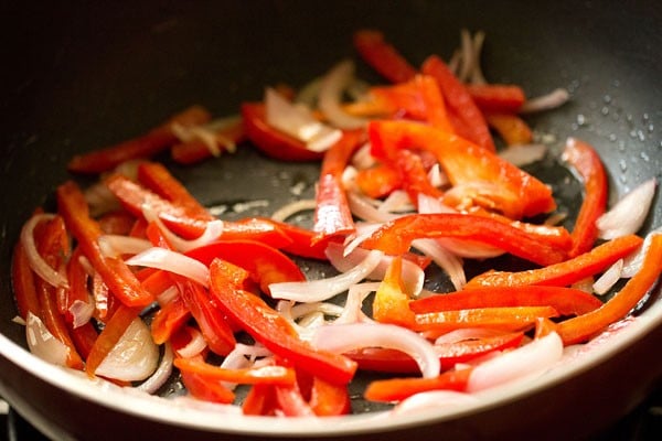 sautéing onions, red bell peppers