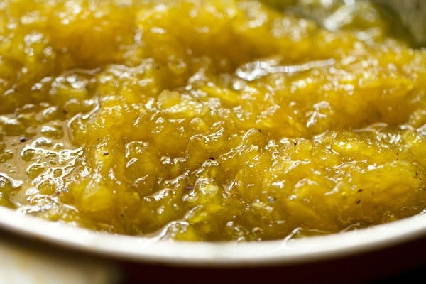 coked raw mango mixture on a plate. 