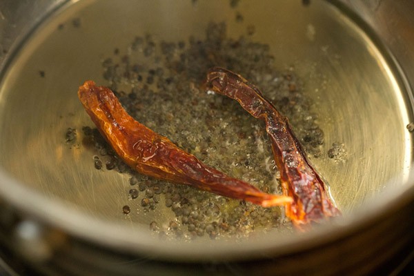 frying dried red chilies and asafoetida in hot sesame oil in pan