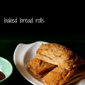 cheese roll placed on top of each other and served on a white plate with a green bowl of tomato ketchup kept on the left side and text layover.