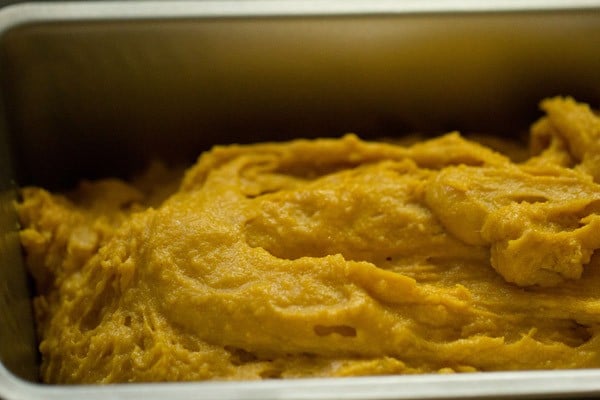 eggless mango cake batter in loaf pan