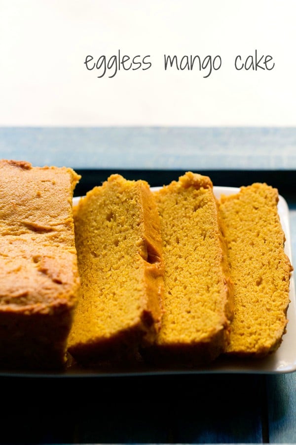 mango cake slices on a tray.