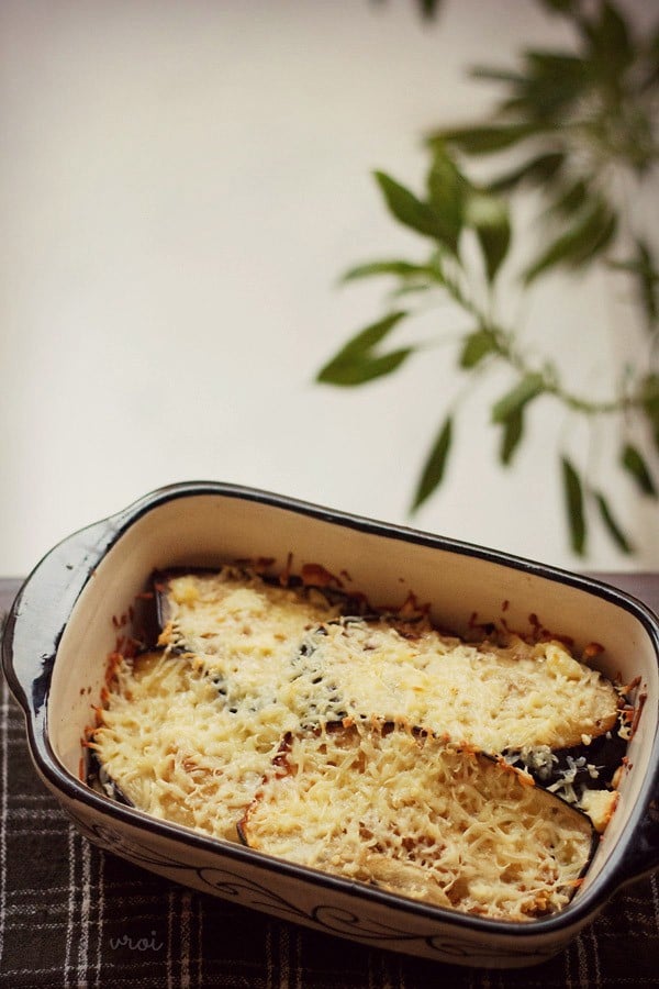 baked eggplant parmigiana in a dish