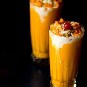 mango mastani in tall glasses