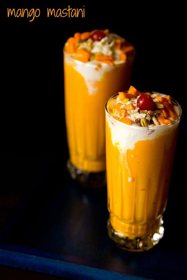 mango mastani in tall glasses