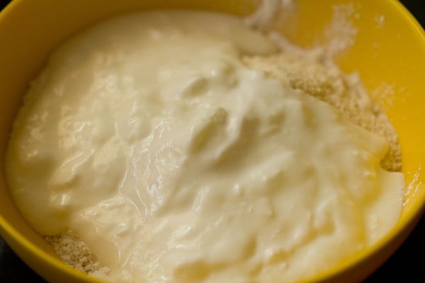 fresh curd, rice flour, rava/sooji/cream of wheat/semolina and ground cooking oats in a bowl