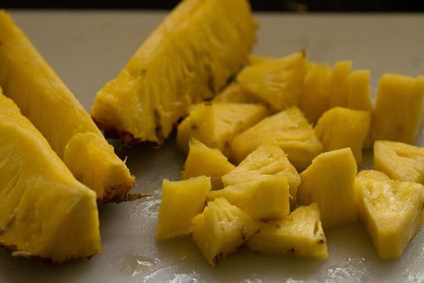 chopped pineapple for virgin pina colada recipe.