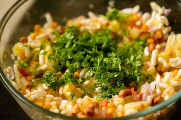 chopped coriander leaves added to the bowl. 