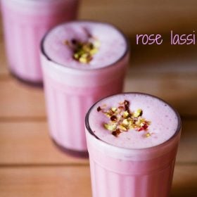 rose lassi garnished with chopped nuts, dried rose petals and served in 3 glasses wit text layover.