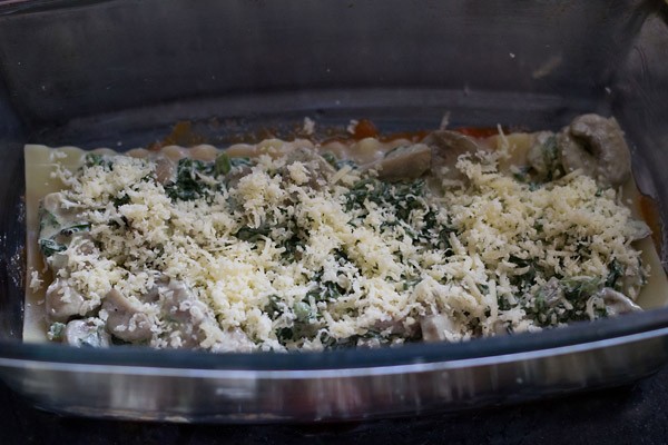 cheese on top of spinach mushroom layer.