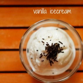 vanilla ice cream garnished with chocolate shavings and served in a glass bowl with text layover.