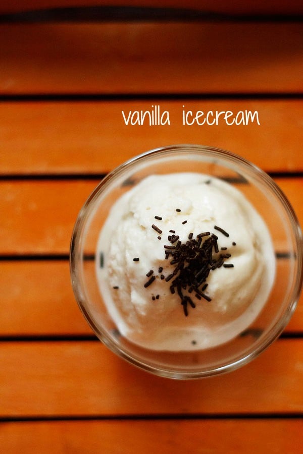 vanilla ice cream garnished with chocolate shavings and served in a glass bowl with text layover.