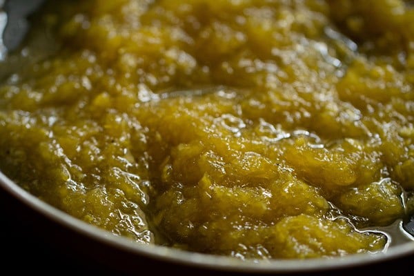 cooked mango mixture in the pan. 