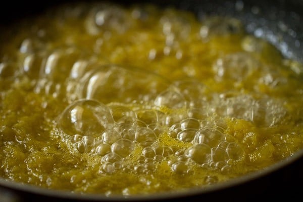 bubbling mango mixture in the pan. 