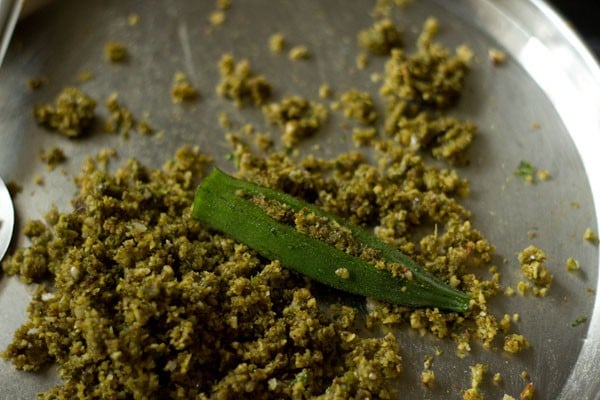 stuffing mixture filled inside okra. 