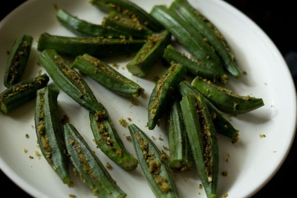 okra pieces filled with stuffing mixture. 