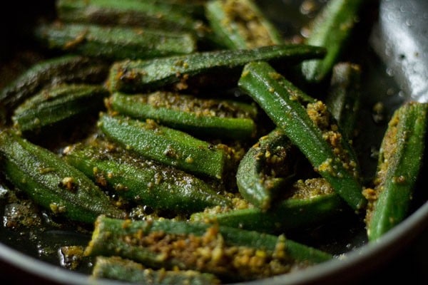 cooking bharli bhendi. 