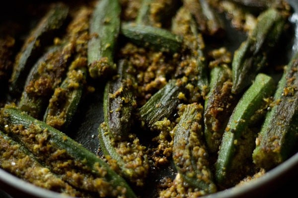 cooking bharli bhendi. 