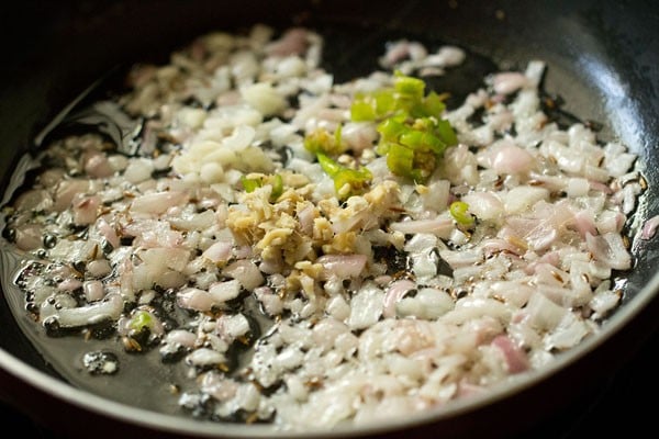 finely chopped ginger, finely chopped garlic and finely chopped green chilies added to the onions. 