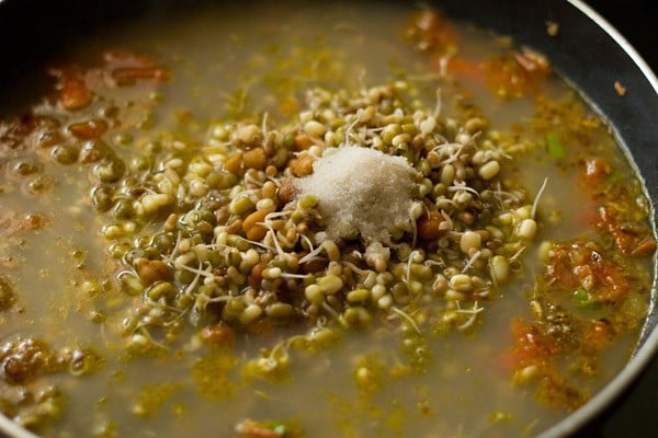 mixed sprouts and salt added to the pan along with the stock. 