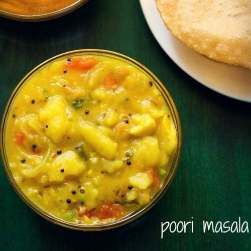 poori masala and aamras, served in two glass bowls with poori on a white plate with text layovers.