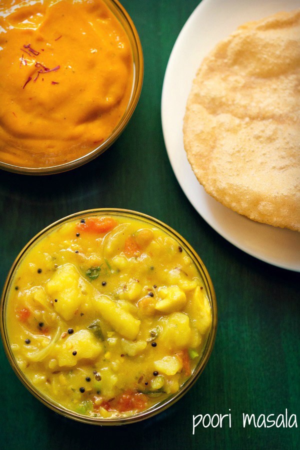 poori masala and aamras, served in two glass bowls with poori on a white plate with text layovers.