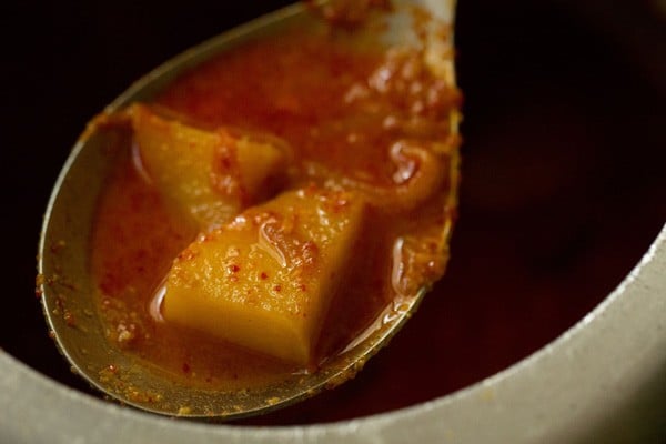 cooked potatoes in a ladle.