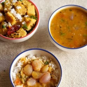 onion sambar served over steamed rice with a bowl of mixed veg and onion sambar kept on the top side and text layover.