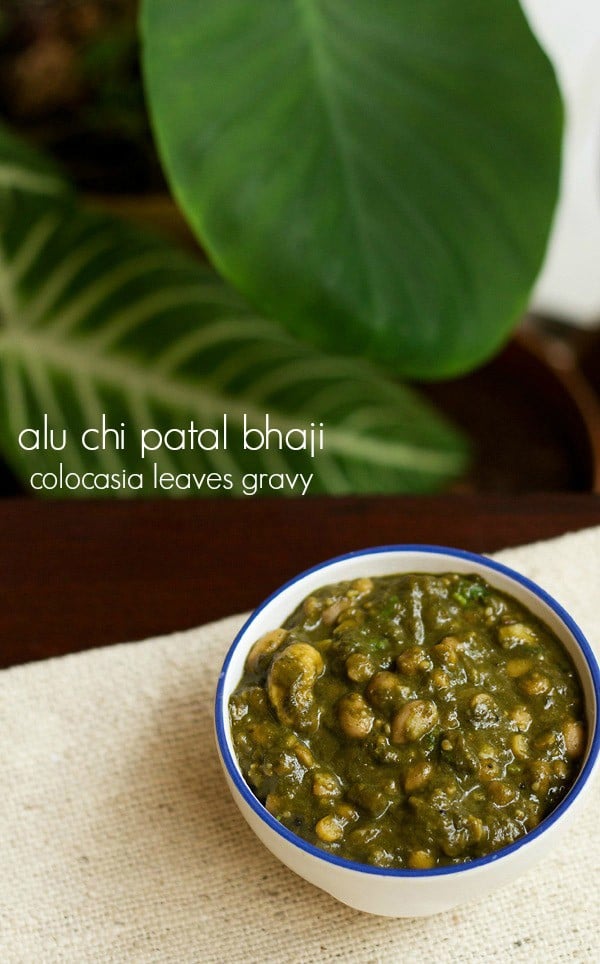 colocasia leaves recipe served in a blue rimmed bowl.