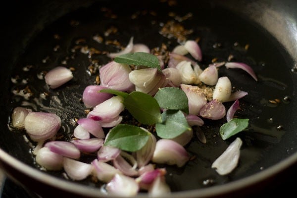 sliced pearl onions, curry leaves and asafoetida added to the spices. 