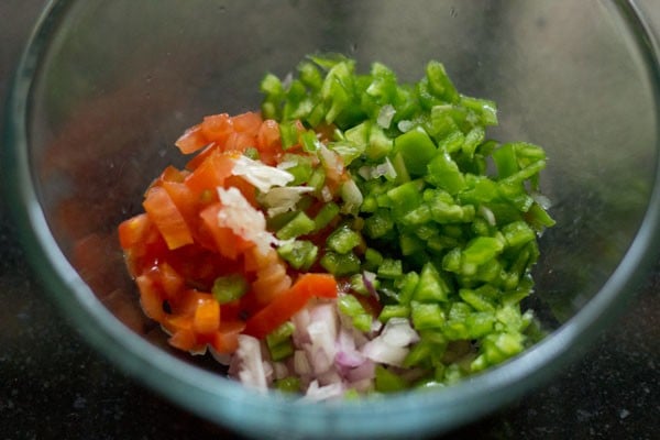 finely chopped onions, tomatoes, capsicum and minced garlic added to a bowl. 