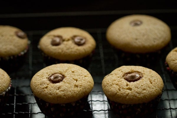 Healthy chocolate chip muffins cooling on wire rack.